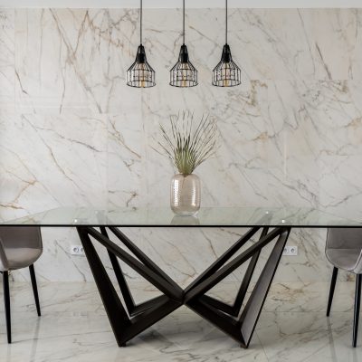 Stylish,Dining,Room,With,Marble,Tiles,On,Wall,And,Floor
